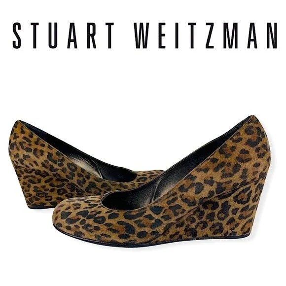 Stuart Weitzman Animal Leopard Cheetah Print Suede Leather Wedge Shoes Size 7.5 - Picture 2 of 16